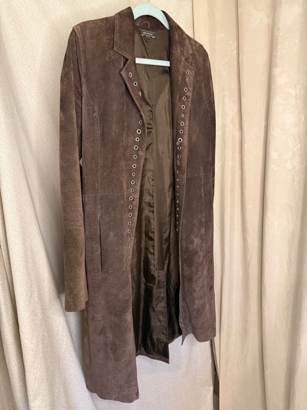 New Frontier Brown Suede Long Leather Coat with Eyelet Trim